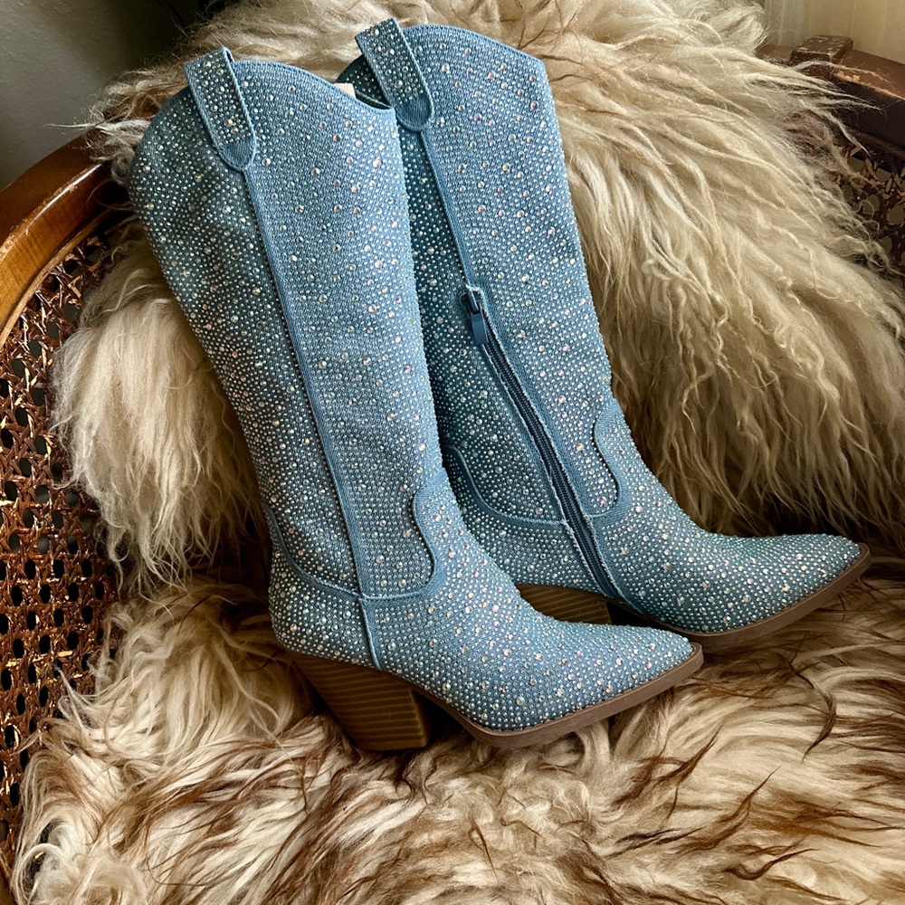 Forever Blue Denim Rhinestone Cowboy Boots ✨